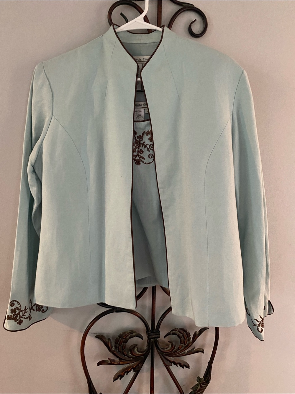 Coldwater Creek Light Blue Open Front Jacket with Brown Trim